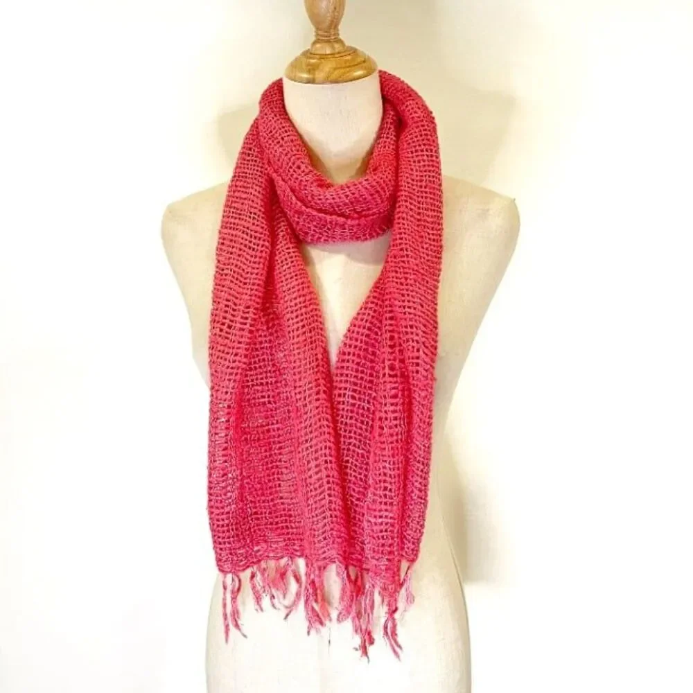 Yak Mountain Looms 100% Silk Scarf Pink Open Weave with Fringe Ends